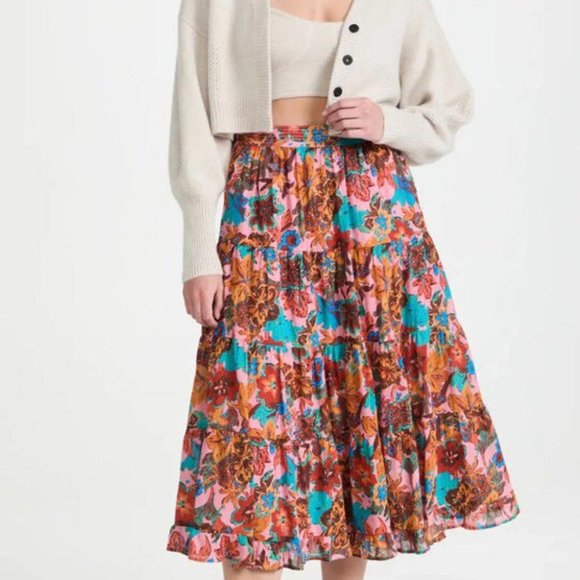 Anthropologie Love The Label Luella Tiered Midi Skirt Floral Printed XS